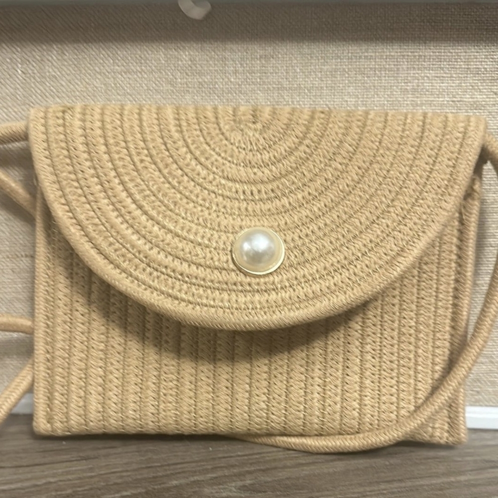 Elegant Tan Crossbody Bag with Pearl Accent